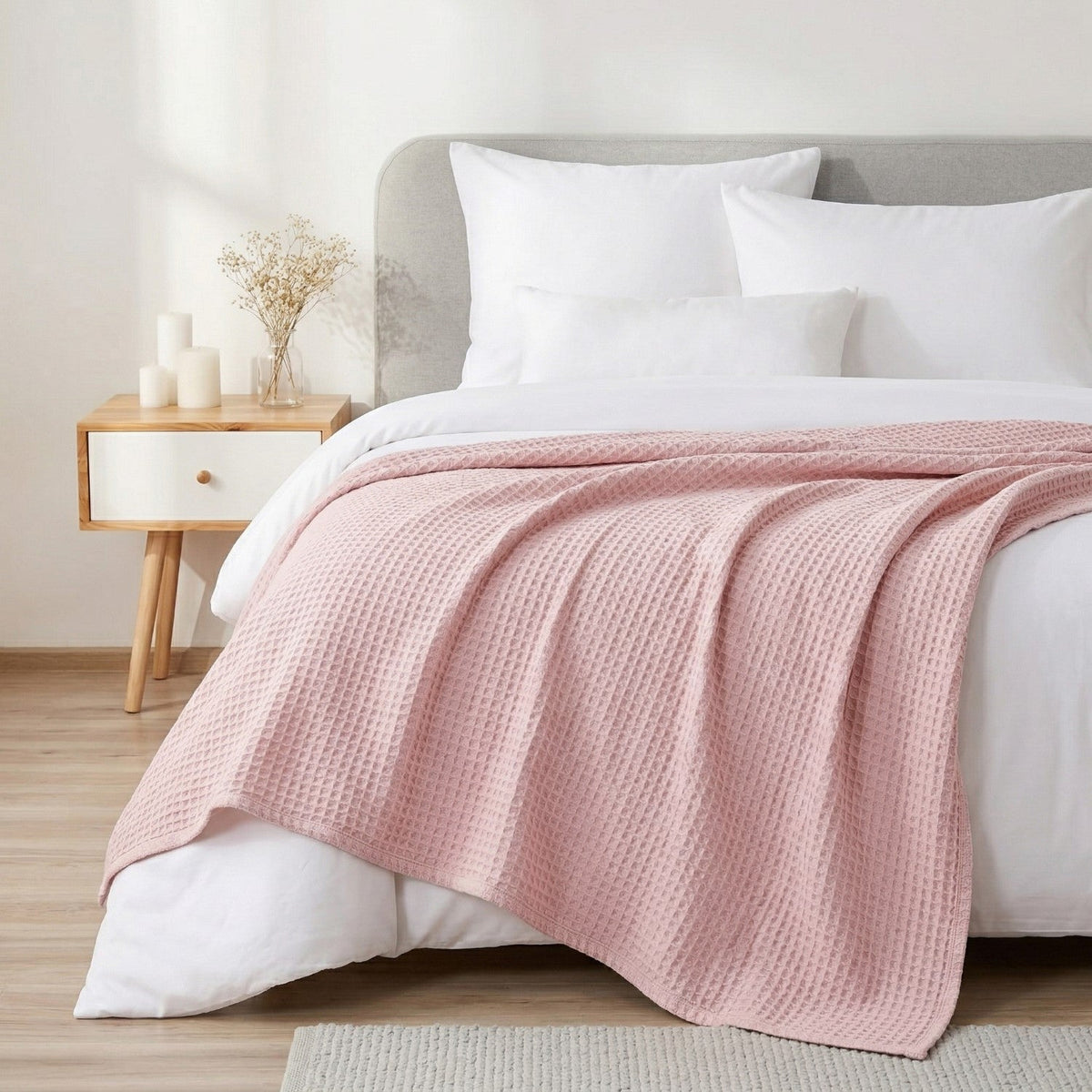 Combed Cotton Waffle Sofa Throw Blanket Pink 220x200cm Nestasia