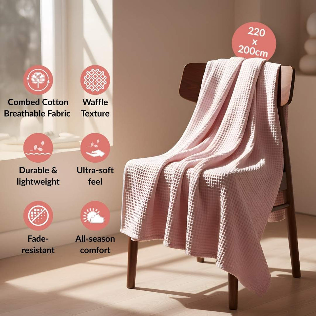 Combed Cotton Waffle Sofa Throw Blanket Pink 220x200cm Nestasia