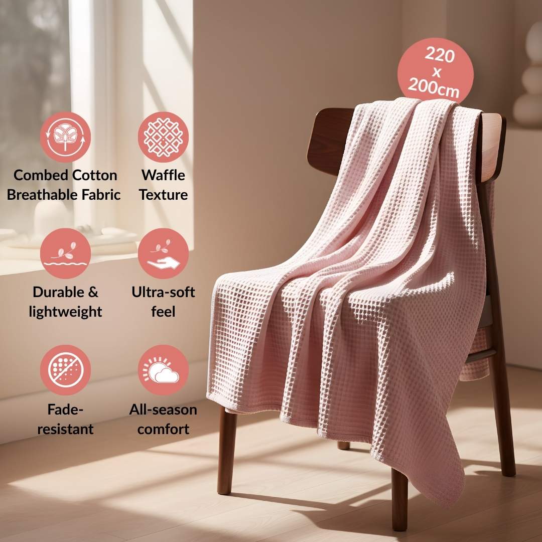 Combed Cotton Waffle Sofa Throw Blanket Pink 220x200cm Nestasia