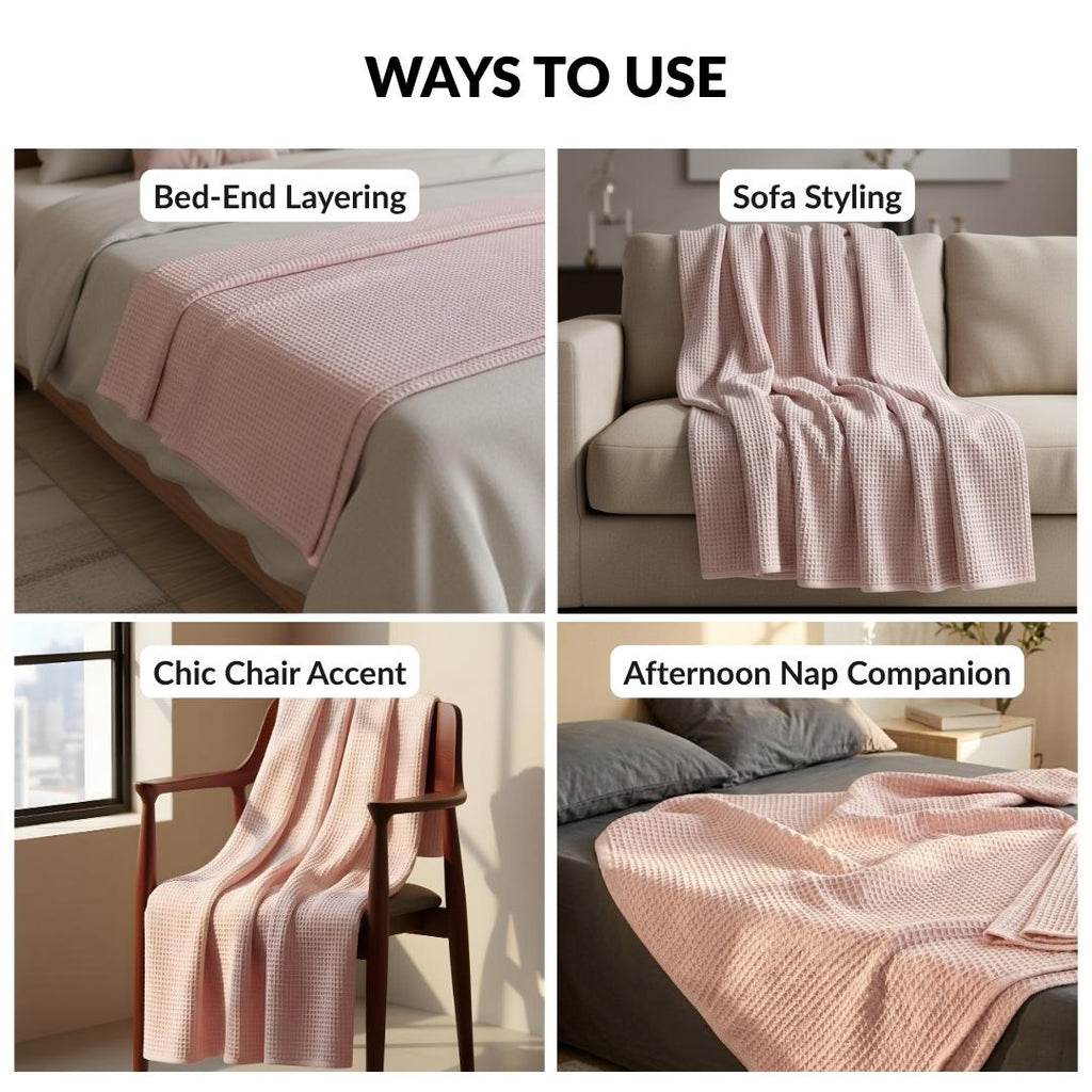 Combed Cotton Waffle Sofa Throw Blanket Pink 220x200cm Nestasia