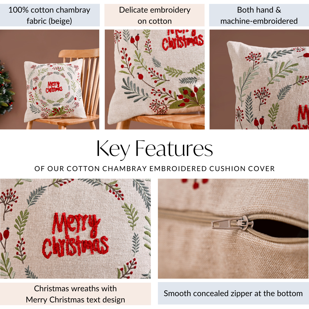Merry Christmas Wreath Embroidered Cushion Cover 40x40cm Nestasia