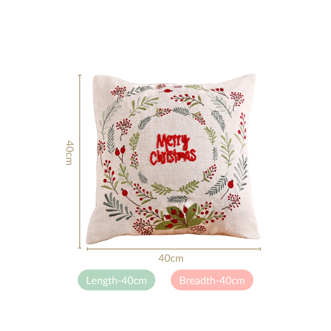 Merry Christmas Wreath Embroidered Cushion Cover 40x40cm Nestasia