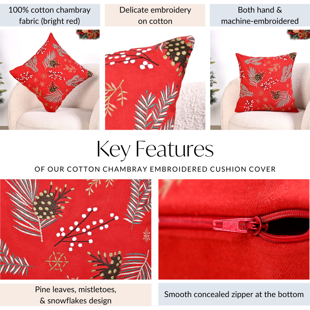 Pine Leaves Bright Red Couch Cushion Cover 40x40cm Nestasia