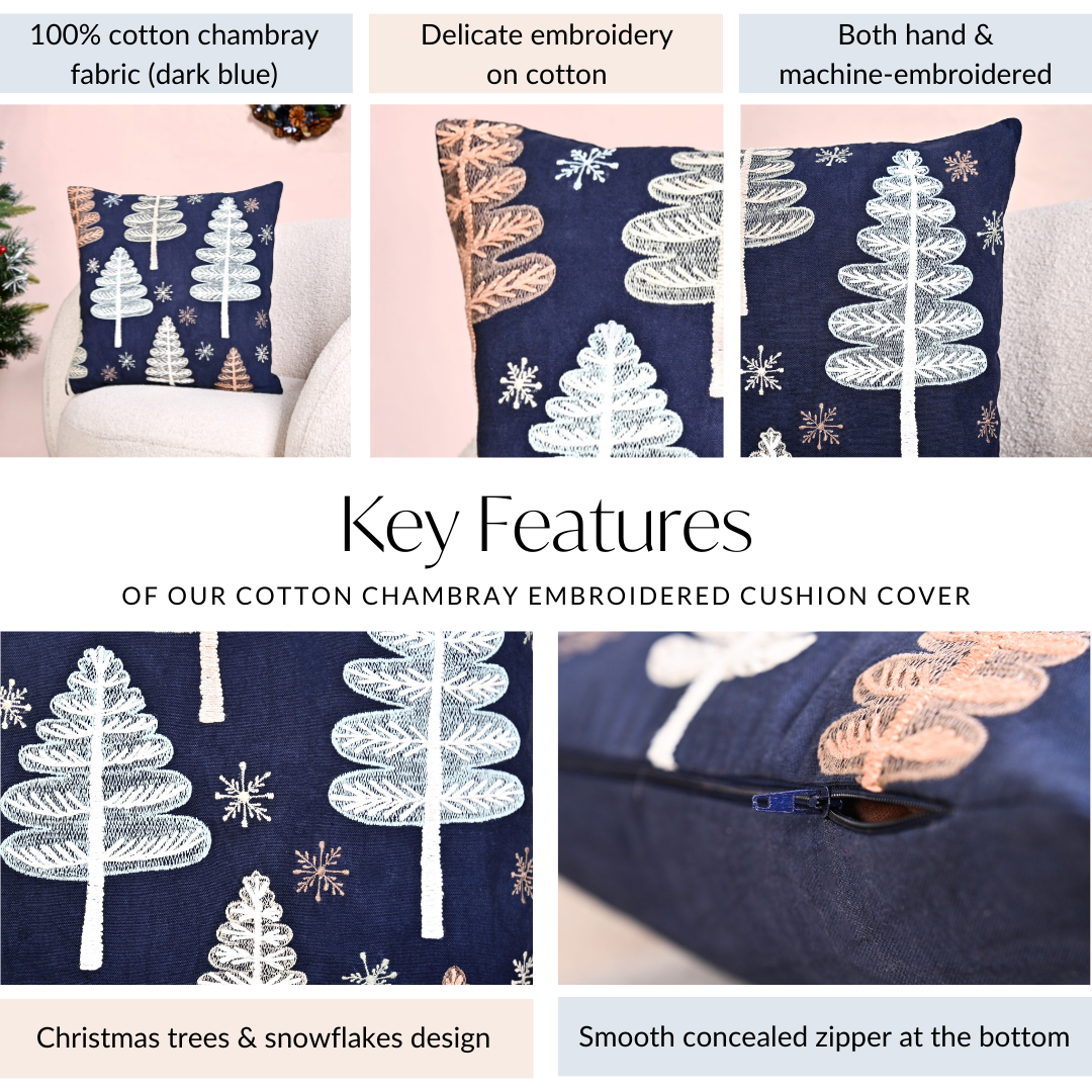 Festive Forest Dark Blue Embroidered Cushion Cover 40x40cm Nestasia