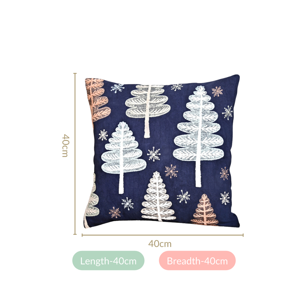 Festive Forest Dark Blue Embroidered Cushion Cover 40x40cm Nestasia