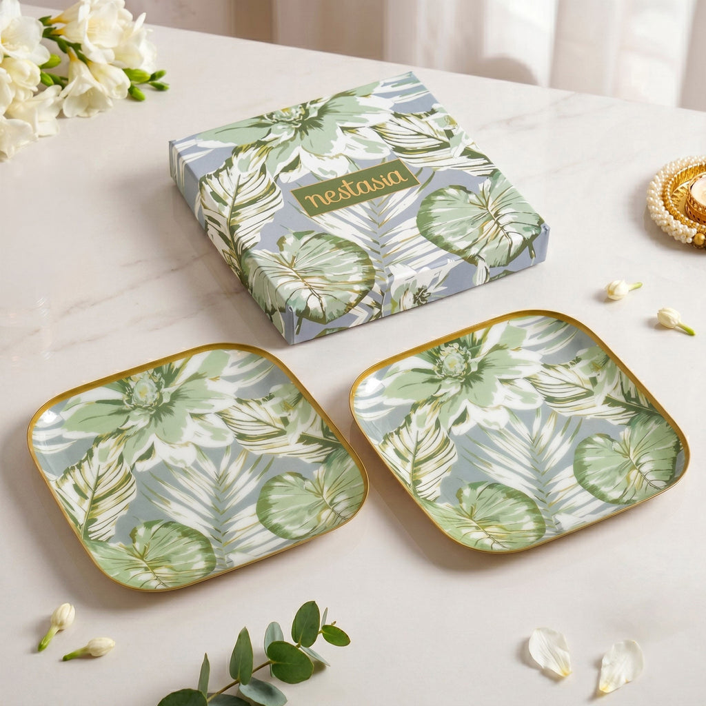 Pastel Tropic Leaf Platter Set Of 2 In Gift Box Nestasia