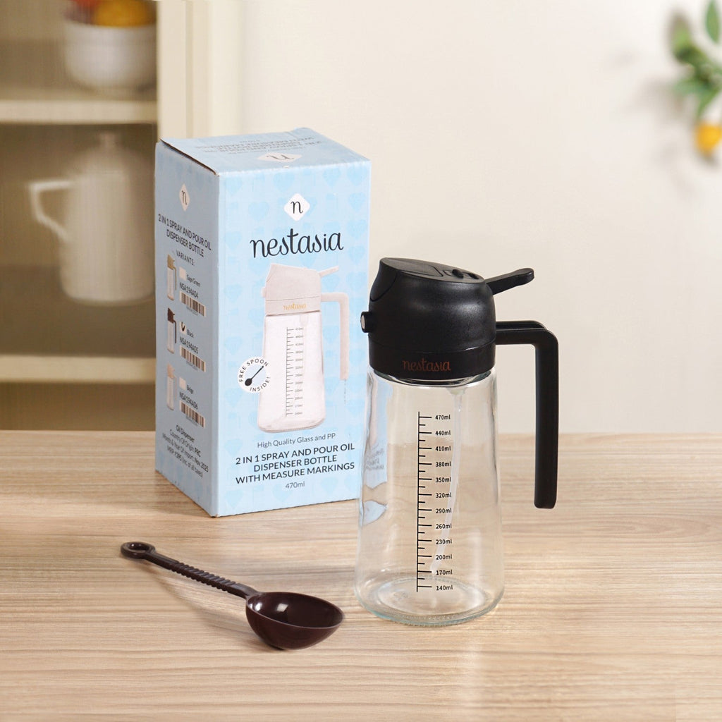 Spray And Pour Oil Dispenser Bottle Black 470ml With Spoon Nestasia
