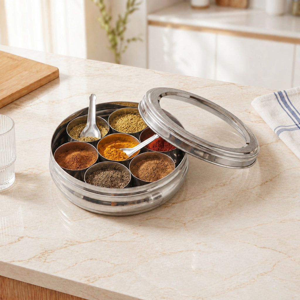 Engraved Stainless Steel Spice Box 7 Section Nestasia