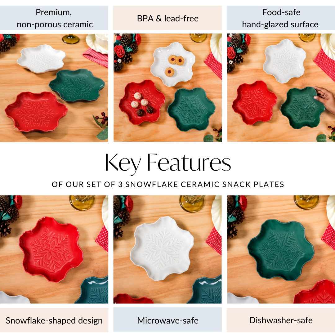 Set Of 3 Snowflake Ceramic Snack Plates Nestasia