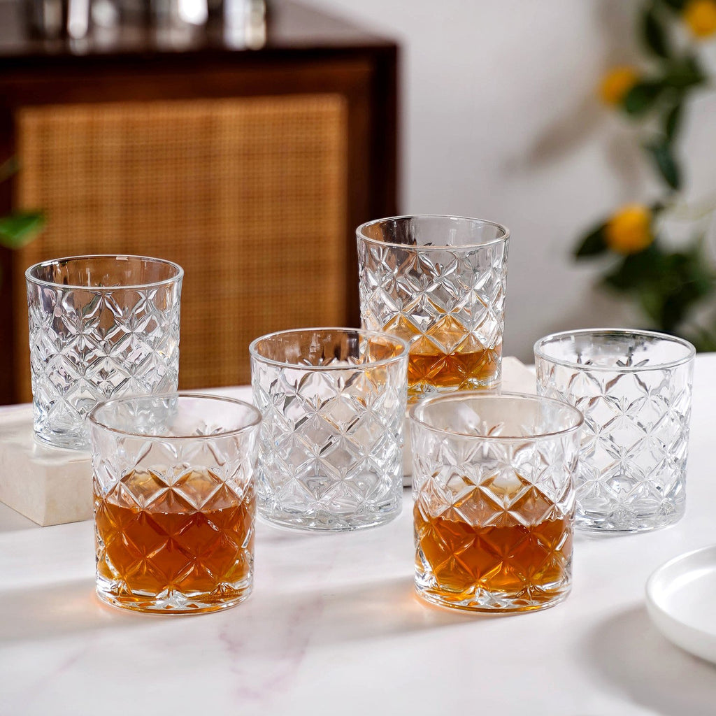 Luxury Whiskey Glass Crosshatch Pattern Set Of 6 310ml Nestasia