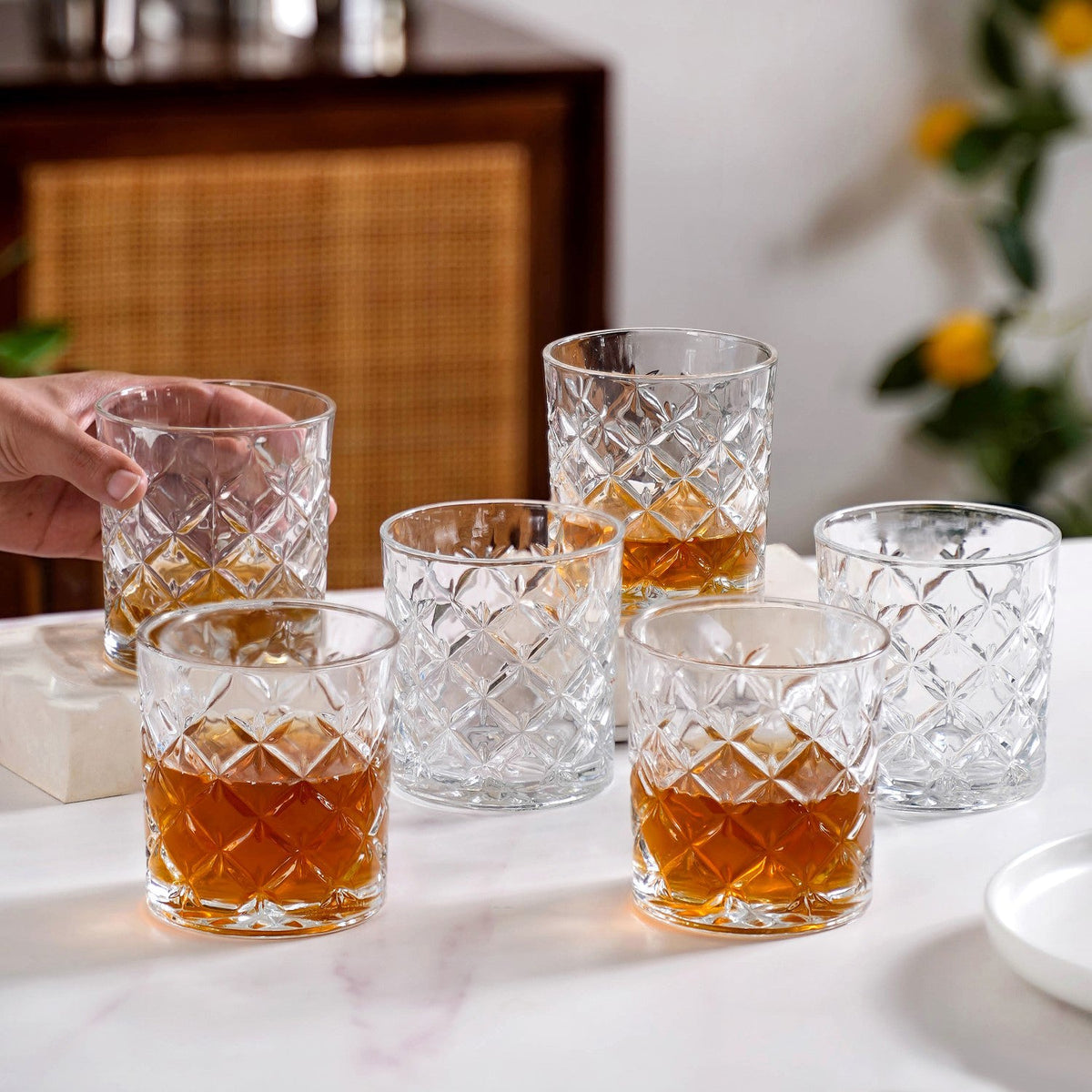 Luxury Whiskey Glass Crosshatch Pattern Set Of 6 310ml Nestasia