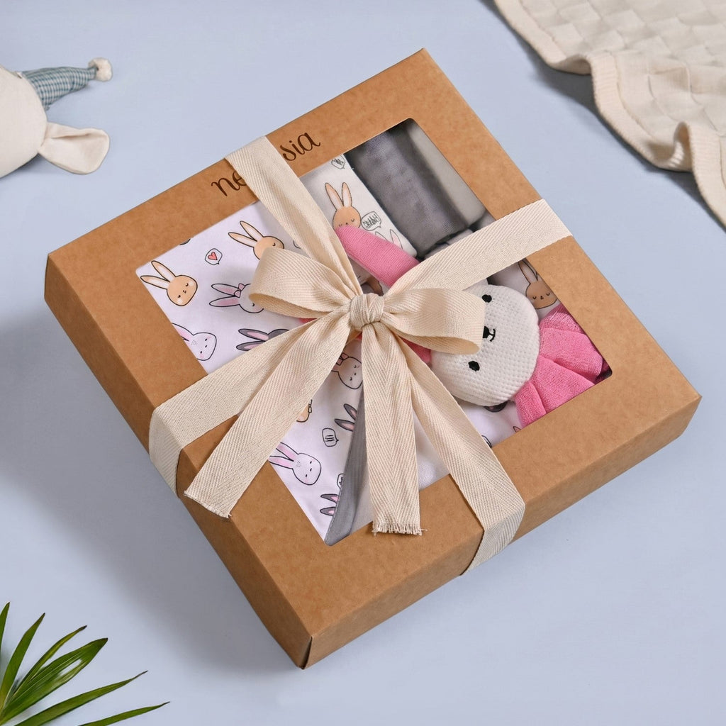 Cuddle Bunny Baby Hamper With Swaddle Towel Napkin Rattle Set Of 6 Nestasia