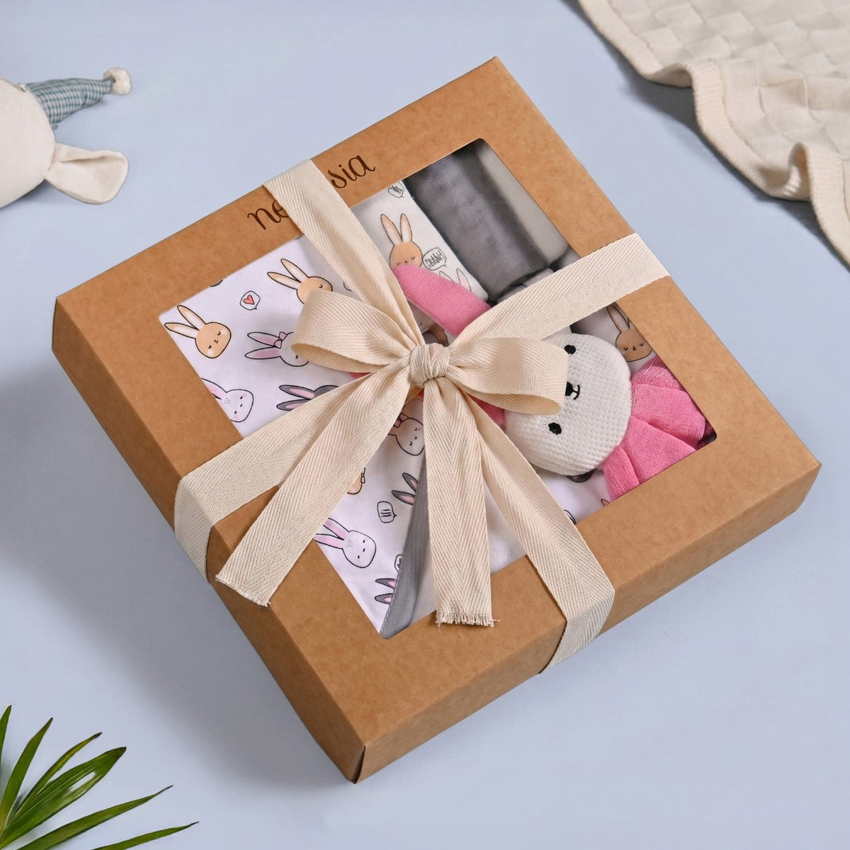 Cuddle Bunny Baby Hamper With Swaddle Towel Napkin Rattle Set Of 6 Nestasia