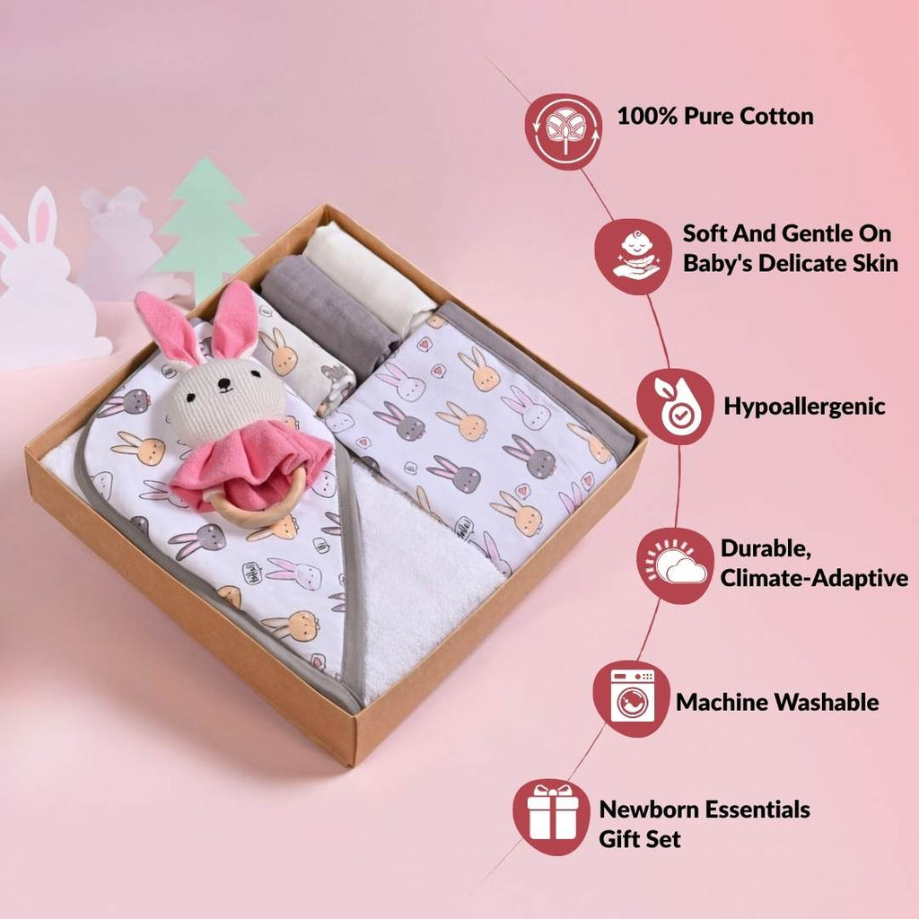 Cuddle Bunny Baby Hamper With Swaddle Towel Napkin Rattle Set Of 6 Nestasia