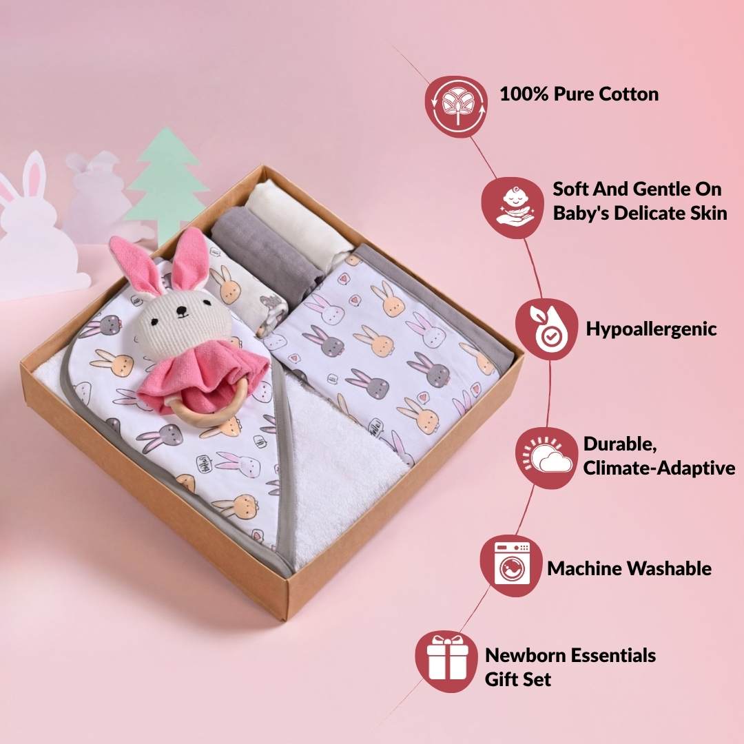 Cuddle Bunny Baby Hamper With Swaddle Towel Napkin Rattle Set Of 6 Nestasia