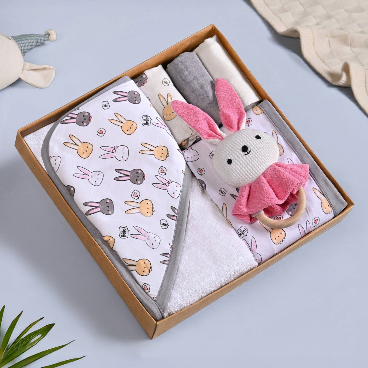 Cuddle Bunny Baby Hamper With Swaddle Towel Napkin Rattle Set Of 6 Nestasia