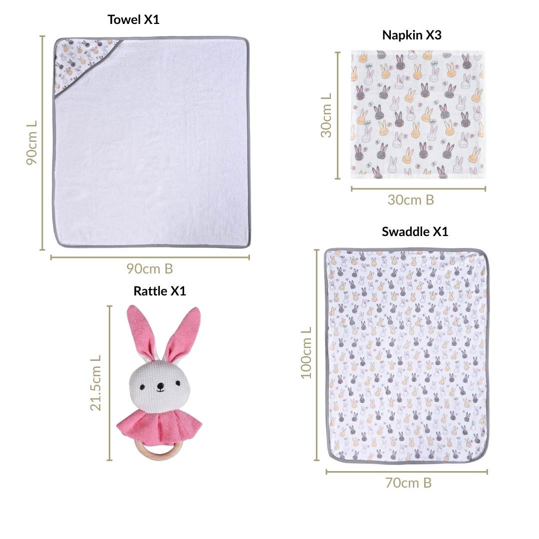 Cuddle Bunny Baby Hamper With Swaddle Towel Napkin Rattle Set Of 6 Nestasia