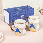 Set Of 2 Geometric Blue Gold Mugs With Gift Box 350ml Nestasia