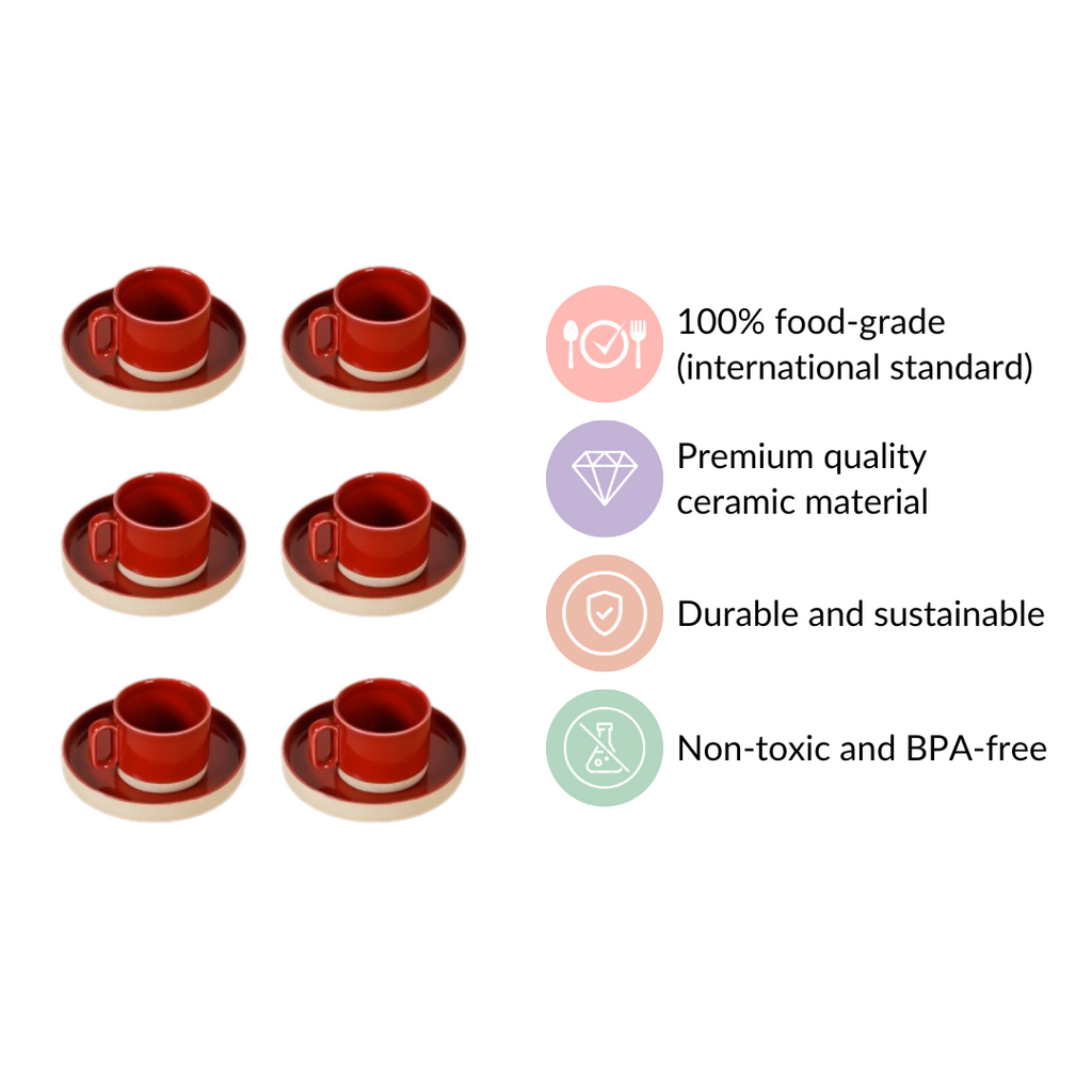 Chic Minimalist Tea Cup And Saucer Set Of 6 Maroon 100ml Nestasia