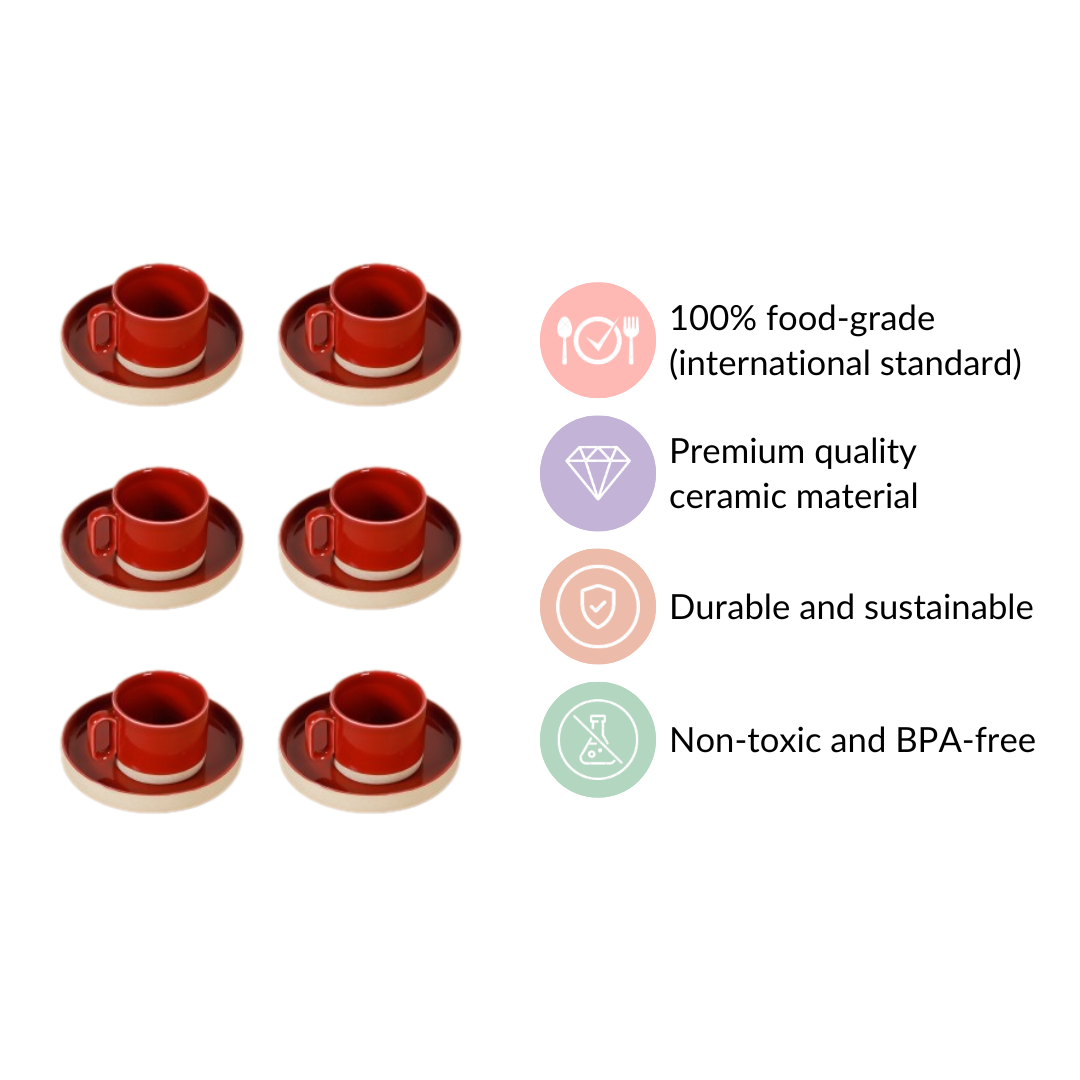 Chic Minimalist Tea Cup And Saucer Set Of 6 Maroon 100ml Nestasia