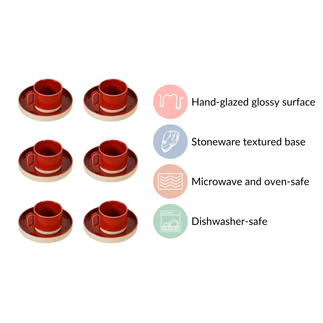 Chic Minimalist Tea Cup And Saucer Set Of 6 Maroon 100ml Nestasia