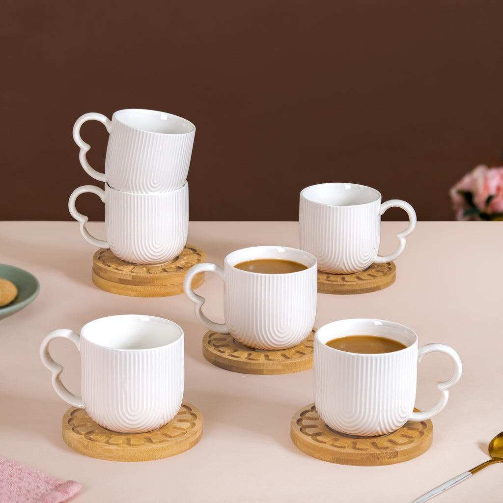 Modern Art Deco Ceramic Cup Set Of 6 With Coasters 200ml Nestasia