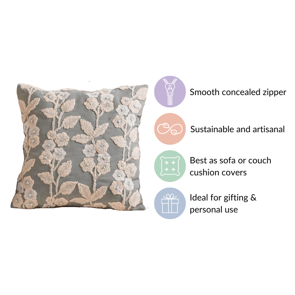 Embroidery Linen Cushion Cover Grey 16x16 Inch Nestasia
