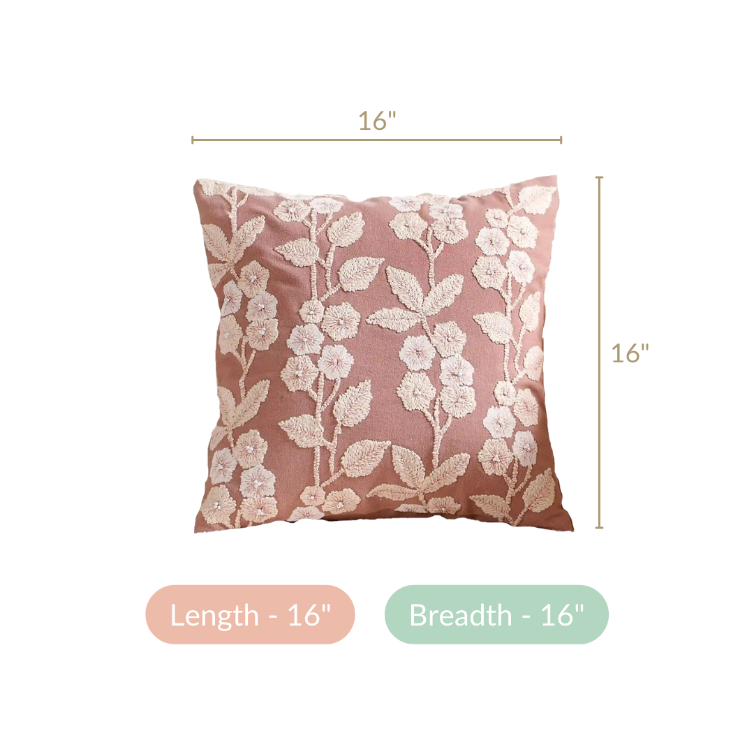 Linen Cushion Cover With Threadwork Pink 16x16 Inch Nestasia