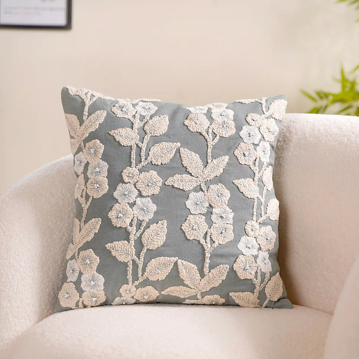 Embroidery Linen Cushion Cover Grey 16x16 Inch Nestasia