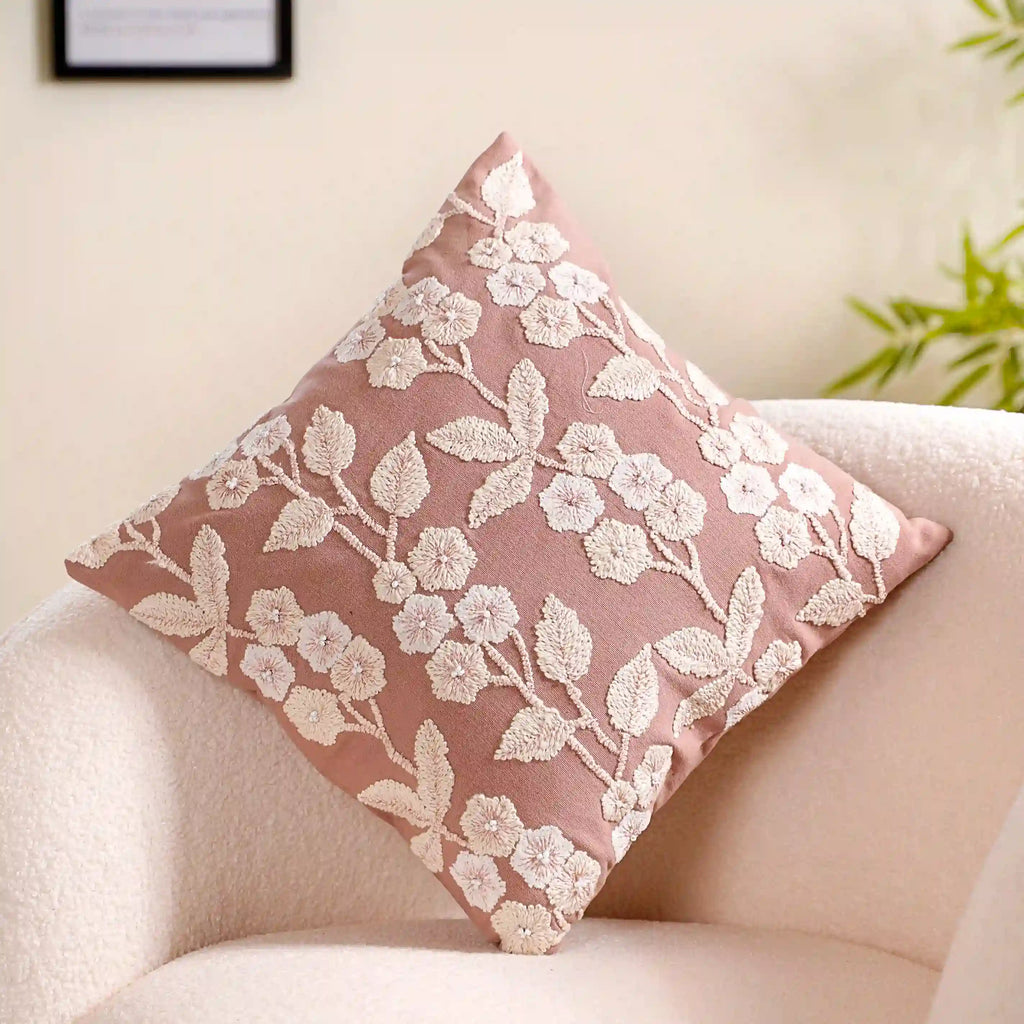 Linen Cushion Cover With Threadwork Pink 16x16 Inch Nestasia