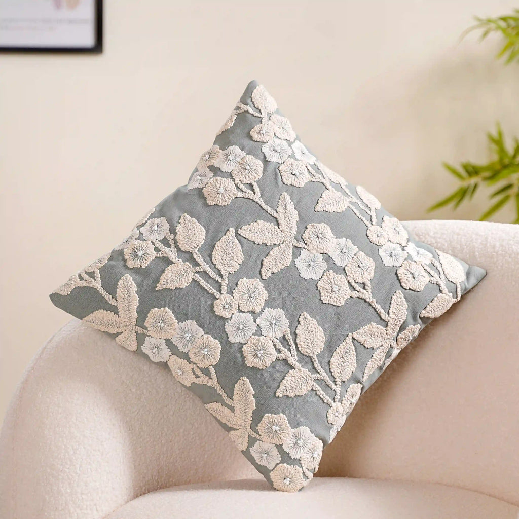 Embroidery Linen Cushion Cover Grey 16x16 Inch Nestasia