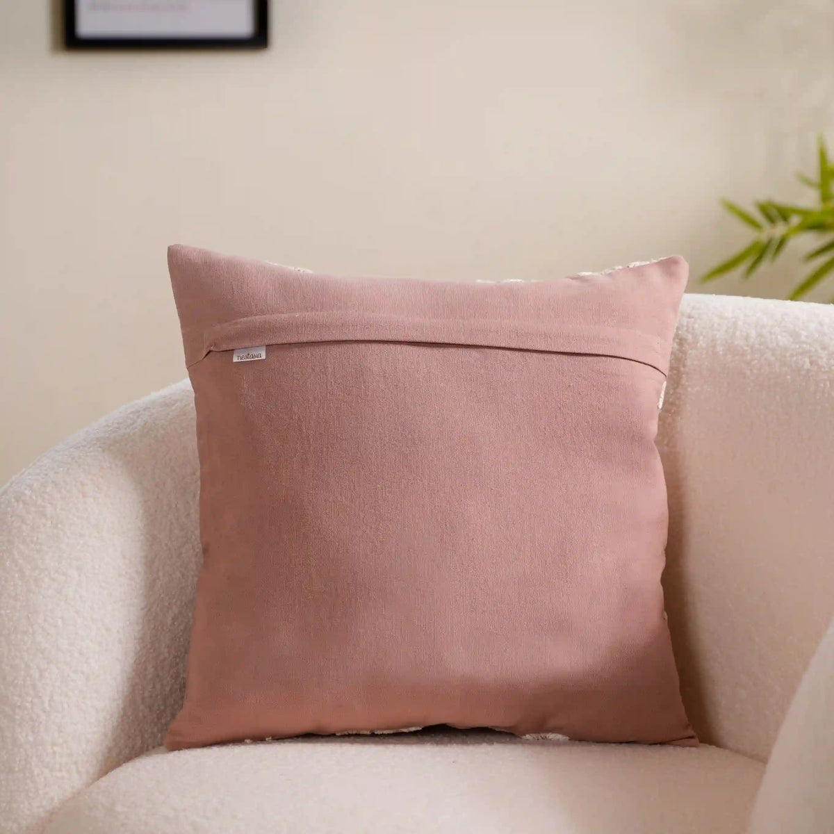 Linen Cushion Cover With Threadwork Pink 16x16 Inch Nestasia