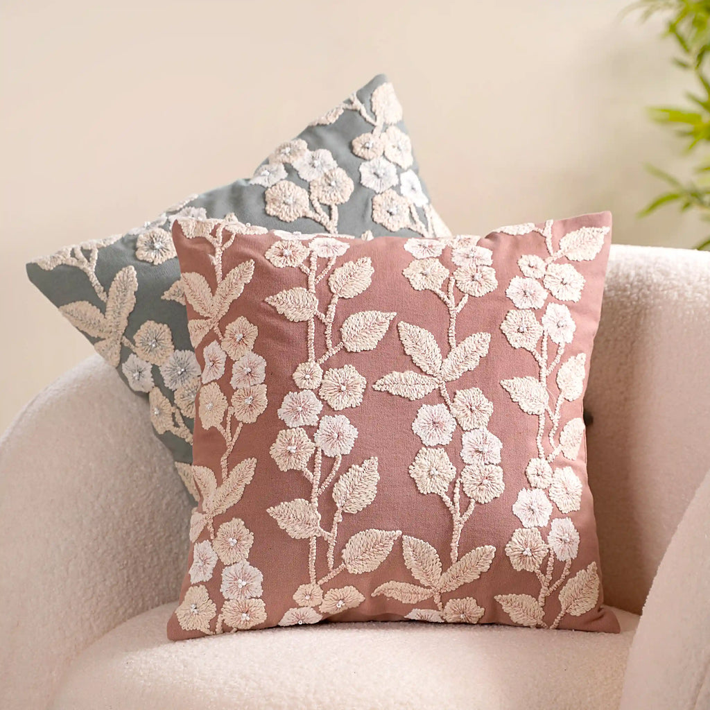 Linen Cushion Cover With Threadwork Pink 16x16 Inch Nestasia