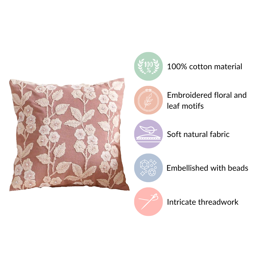 Linen Cushion Cover With Threadwork Pink 16x16 Inch Nestasia