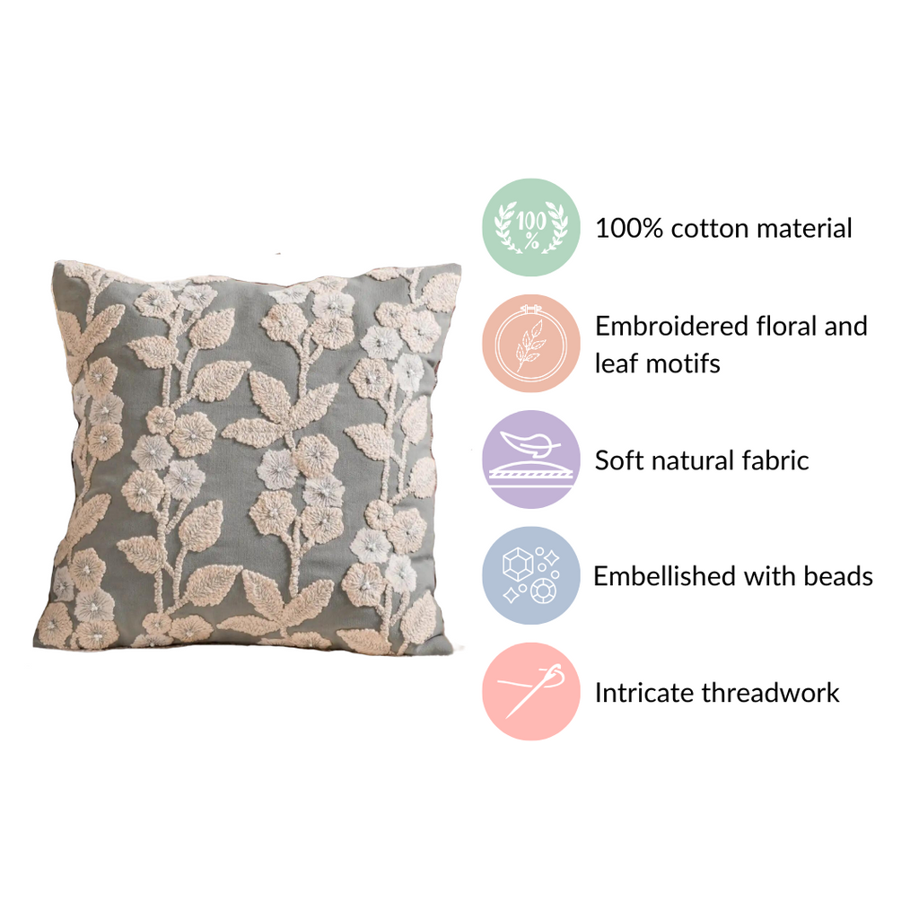 Embroidery Linen Cushion Cover Grey 16x16 Inch Nestasia