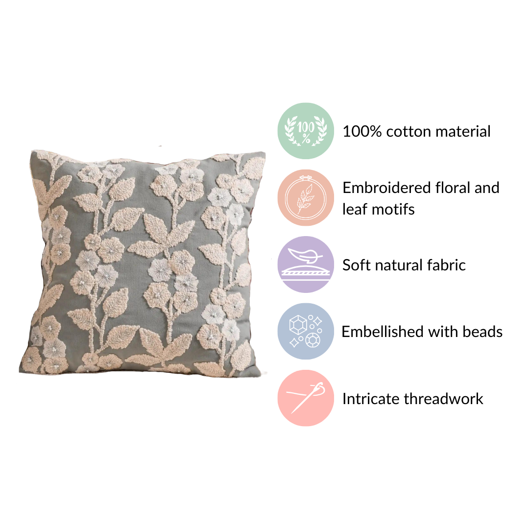 Embroidery Linen Cushion Cover Grey 16x16 Inch Nestasia