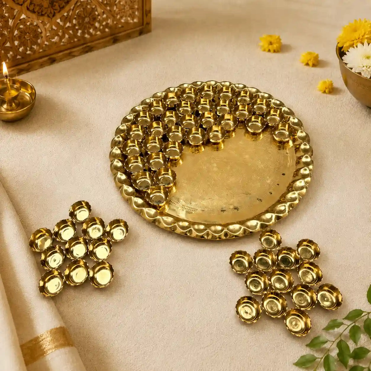 Brass Chappan Bhog Thali With 56 Prasad Bowls Set (23 Inch) Vedansh Craft