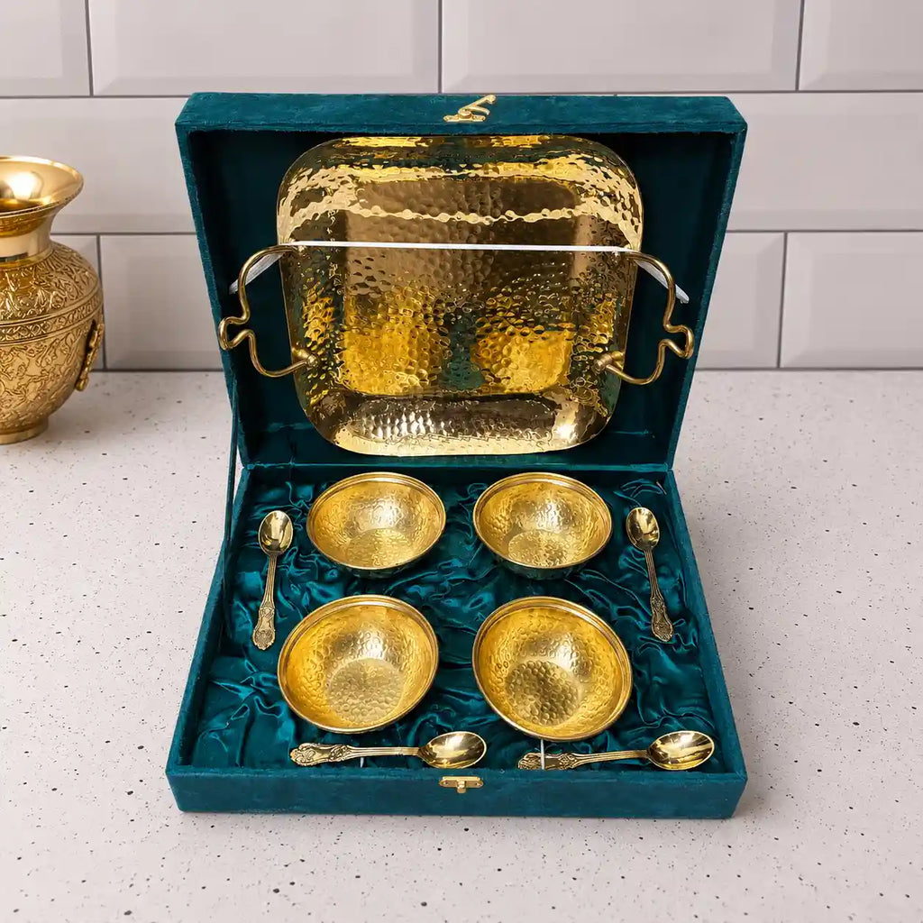 Brass Hammered Serving Tray / Platter With Bowl and Spoon Set With Velvet Box Vedansh Craft