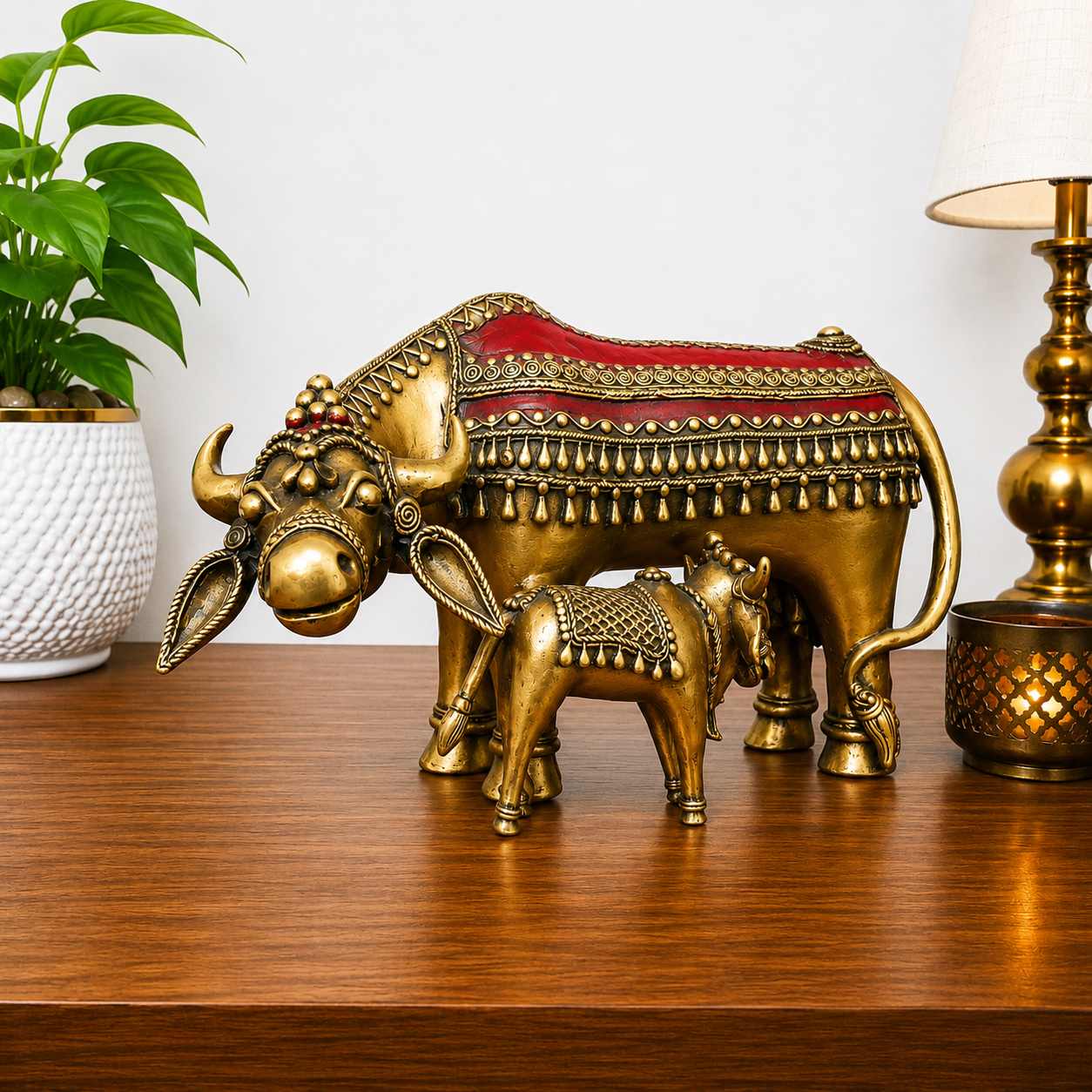 Brass Dhokra Kamdhenu Cow with Calf Statue (7 Inch) Vedansh Craft