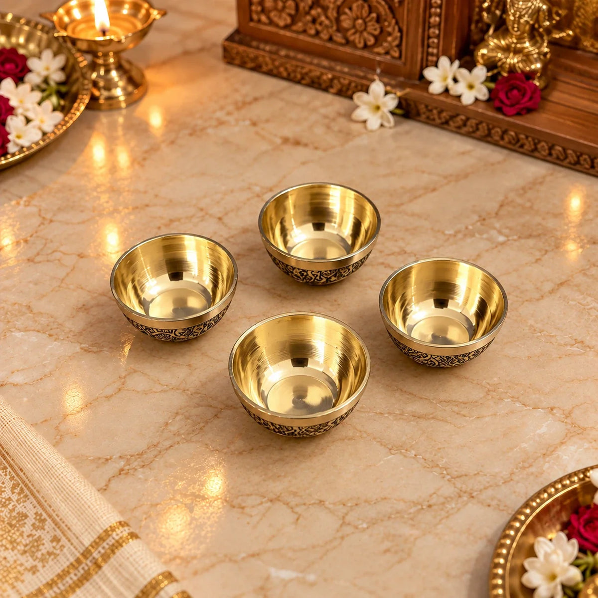 Brass Embossed Design Prasad Bowl Set (1 Inch) Vedansh Craft