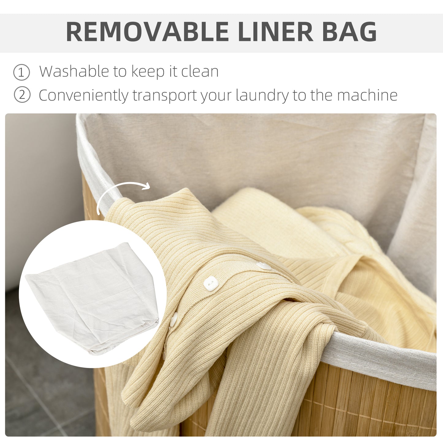 Bamboo Laundry Basket With Lid, 55 Litres Laundry Hamper With Removable Washable Lining,  Corner Washing Baskets, 38 X 38 X 57cm, Natural