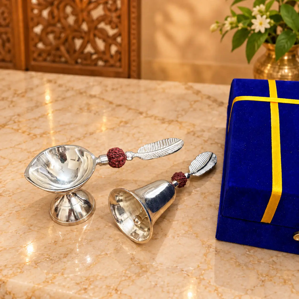Brass Silver Plated Rudraksh Handbell and Aarti Diya Set With Velvet box Vedansh Craft
