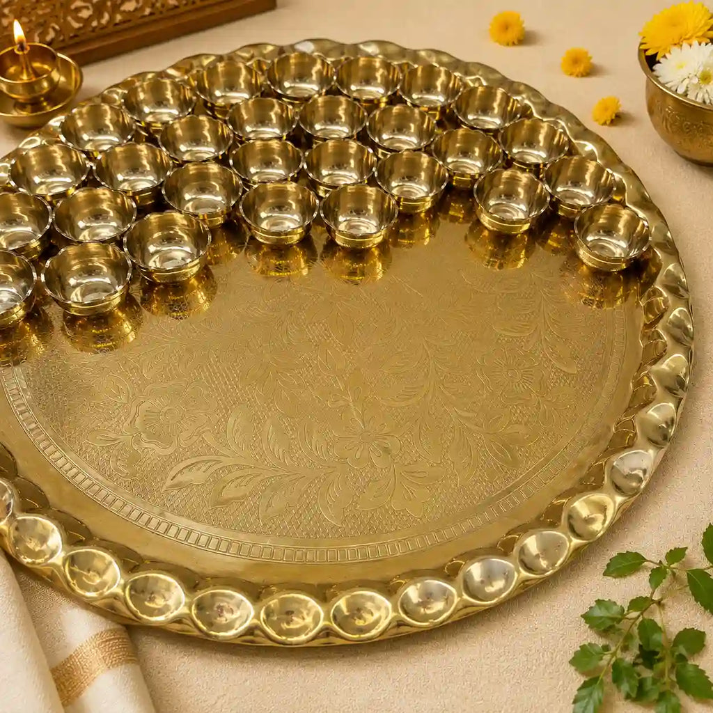 Brass Chappan Bhog Thali With 56 Prasad Bowls Set (23 Inch) Vedansh Craft
