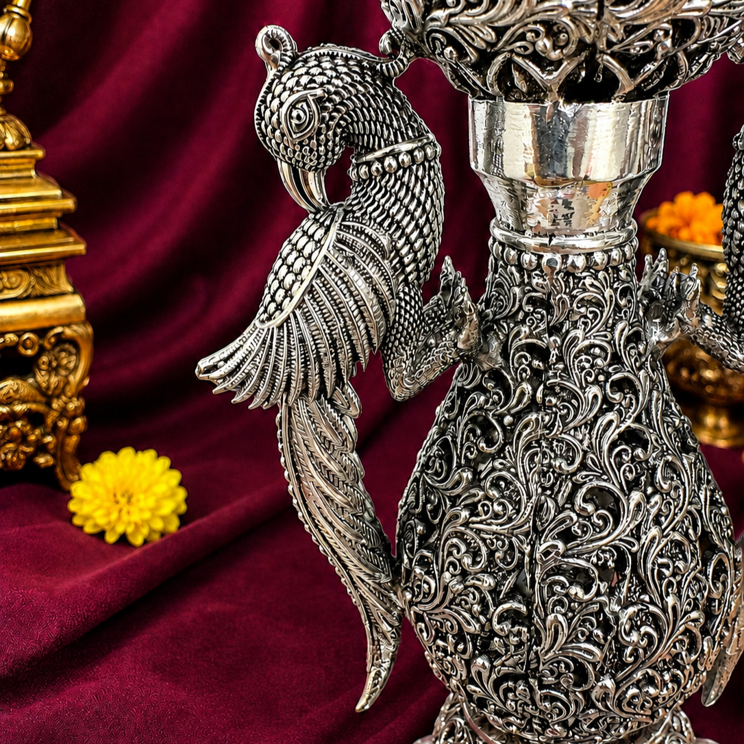 Brass Silver Plated Lightweight Peacock Samai/Lamp Pair Vedansh Craft