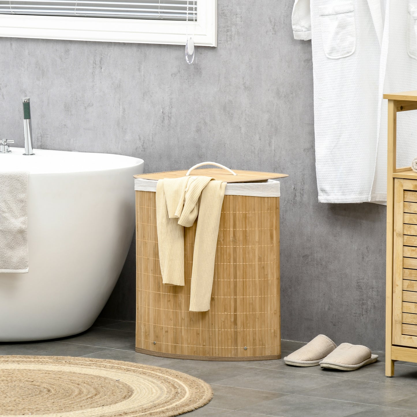 Bamboo Laundry Basket With Lid, 55 Litres Laundry Hamper With Removable Washable Lining,  Corner Washing Baskets, 38 X 38 X 57cm, Natural