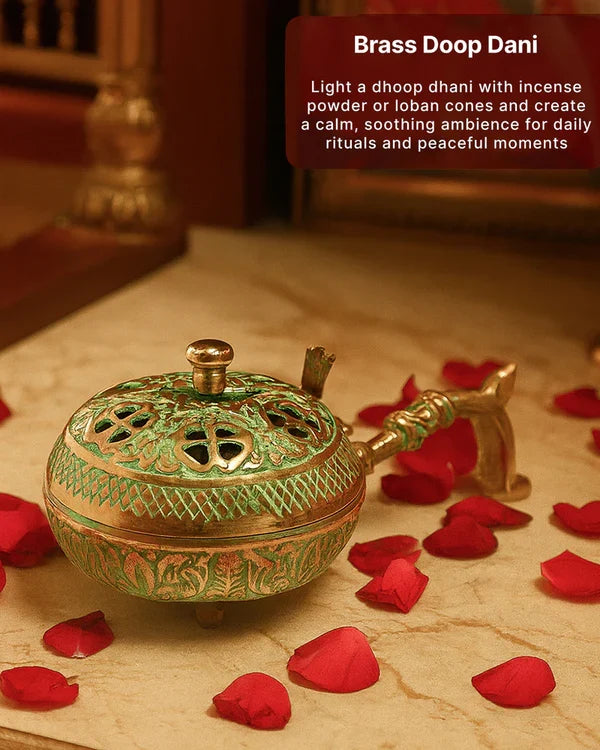 Decorative Brass Dhoopdani for Aarti, Meditation, and Home Temple Aromatic Rituals