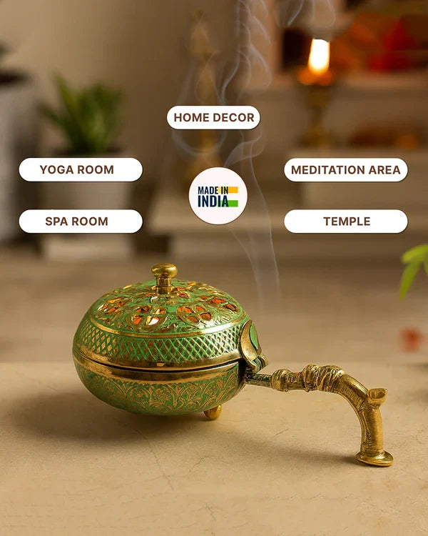 Decorative Brass Dhoopdani for Aarti, Meditation, and Home Temple Aromatic Rituals