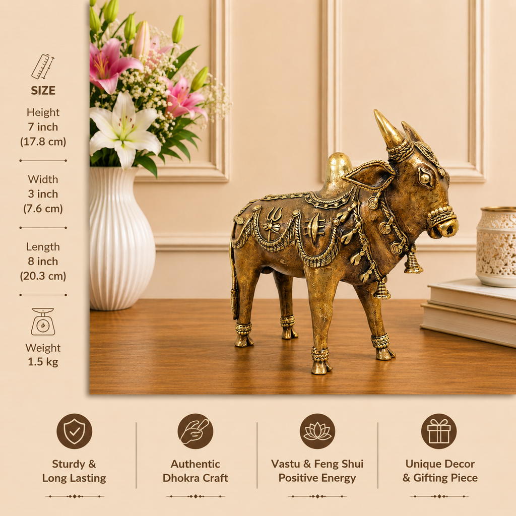 Brass Dhokra Standing Nandi Idol (7 Inch) Vedansh Craft