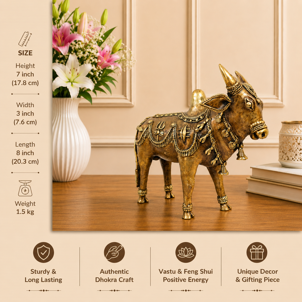 Brass Dhokra Standing Nandi Idol (7 Inch) Vedansh Craft