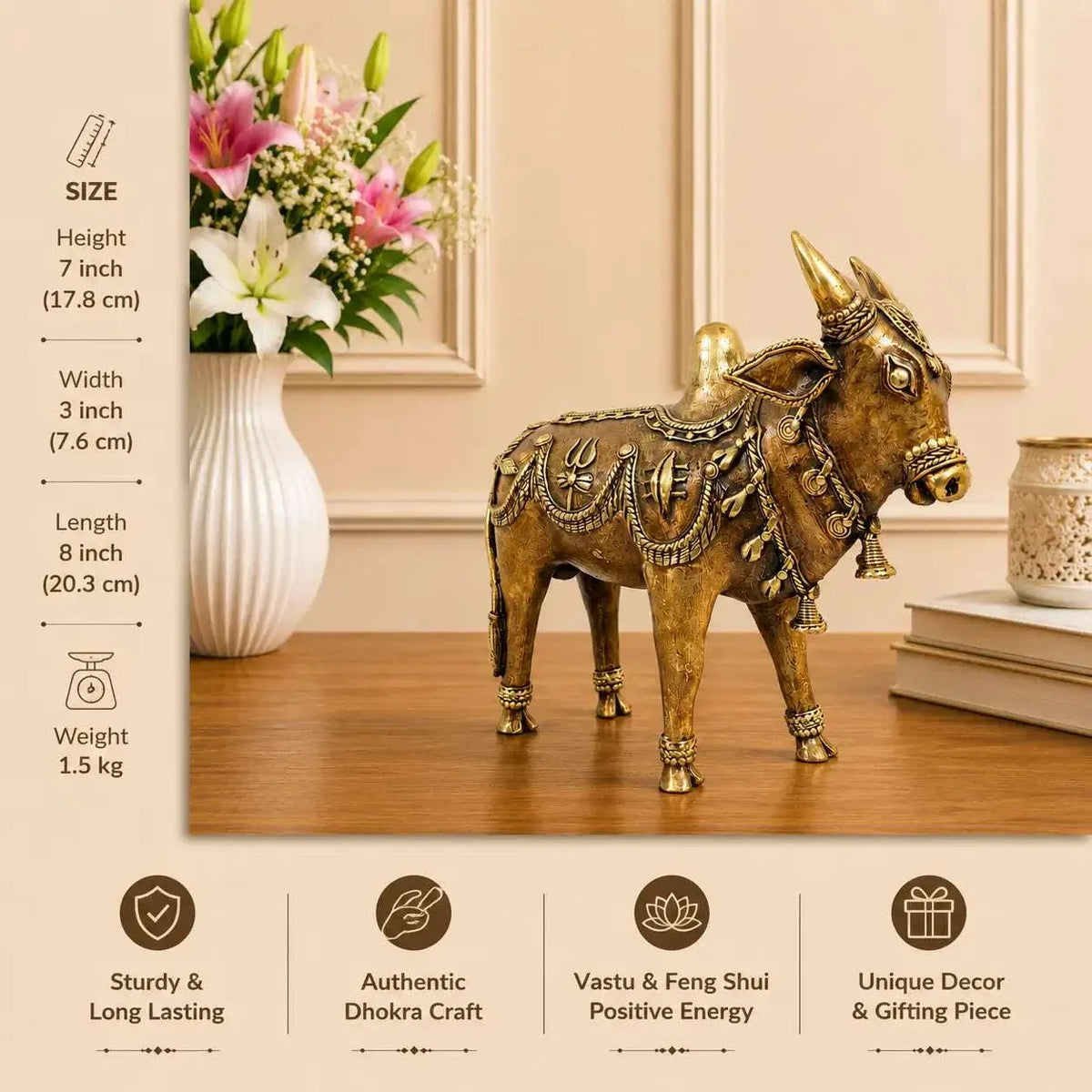 Brass Dhokra Standing Nandi Idol (7 Inch) Vedansh Craft